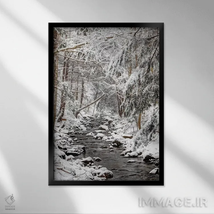 تابلو دکوراتیو جویبار در زمستان، نوا اسکوشیا، کانادا اثر اسکات لزلی - نمای قابدار مشکی