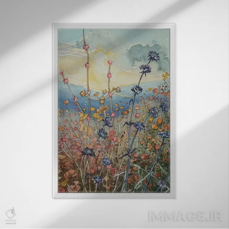 تابلو انتزاعی گل های دره تونا در غروب اثر لویزا میلیسنت - نمای قابدار سفید