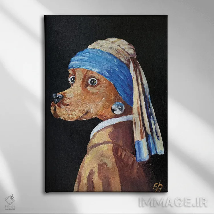 تابلو دکوراتیو سگ با گوشواره مروارید اثر لنا اسمیرنوا - نمای روبهرو روی دیوار