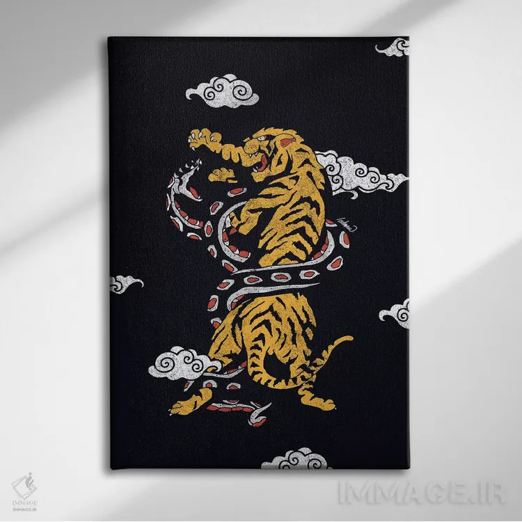 تابلو دکوراتیو ببر و مار در میان ابرها اثر لاستاناو - نمای روبهرو روی دیوار