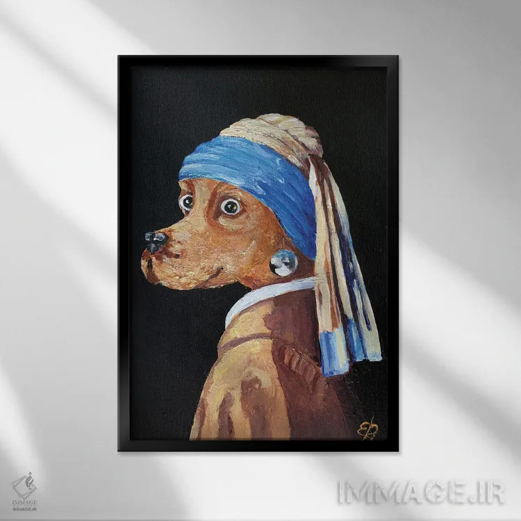 تابلو دکوراتیو سگ با گوشواره مروارید اثر لنا اسمیرنوا - نمای قابدار مشکی