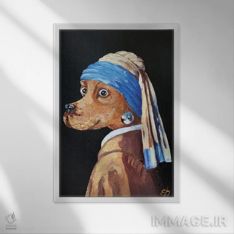 تابلو دکوراتیو سگ با گوشواره مروارید اثر لنا اسمیرنوا - نمای قابدار سفید