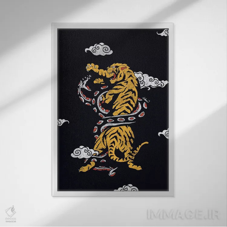 تابلو دکوراتیو ببر و مار در میان ابرها اثر لاستاناو - نمای قابدار سفید