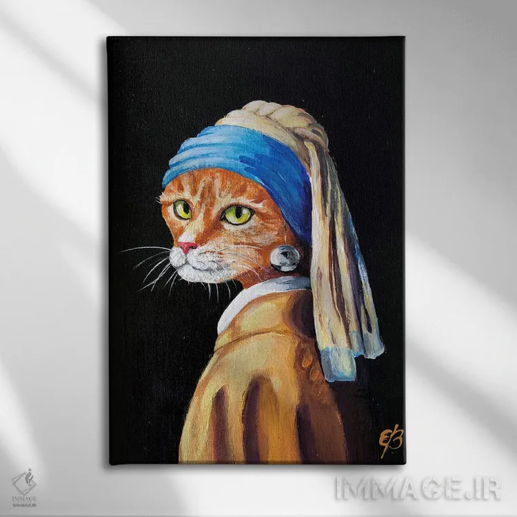 تابلو دکوراتیو گربه با گوشواره مروارید اثر لنا اسمیرنوا - نمای روبهرو روی دیوار