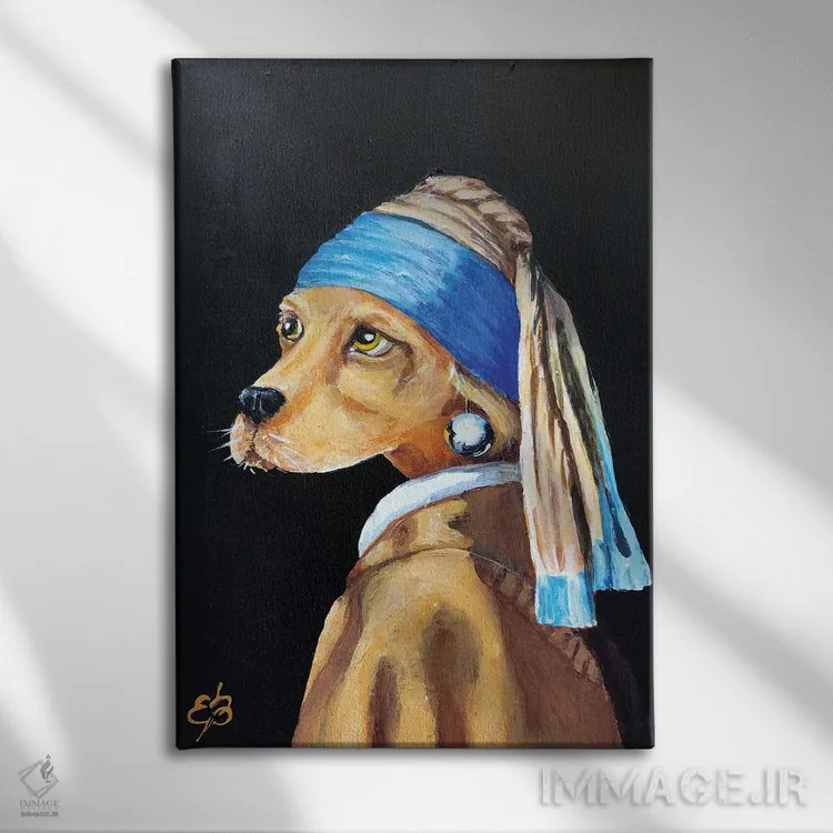 تابلو دکوراتیو دوباره سگ با گوشواره اثر لنا اسمیرنوا - نمای روبهرو روی دیوار