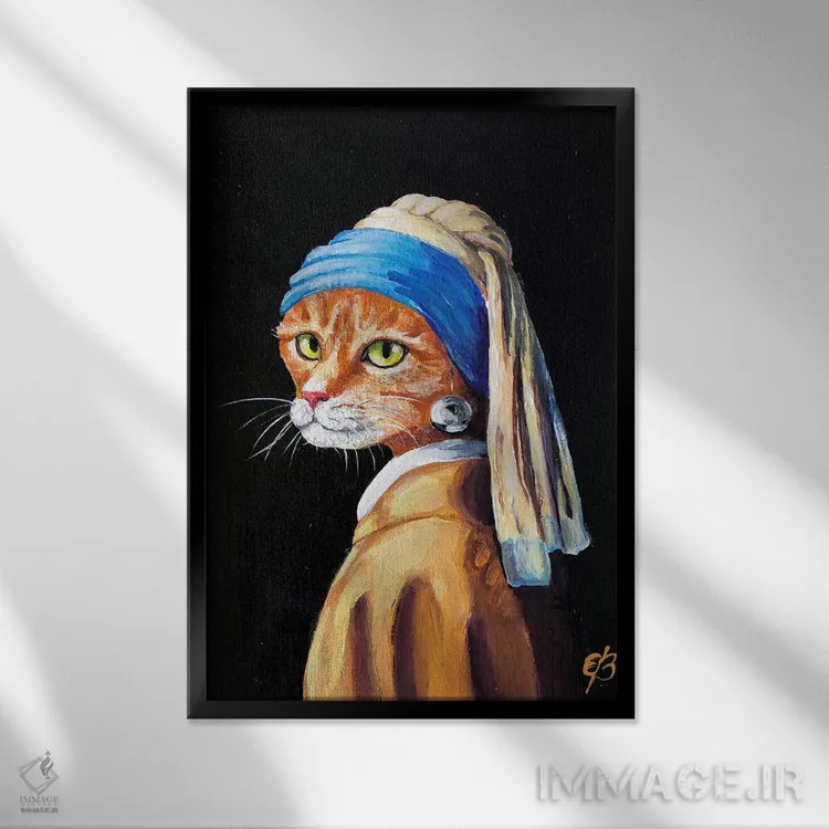 تابلو دکوراتیو گربه با گوشواره مروارید اثر لنا اسمیرنوا - نمای قابدار مشکی