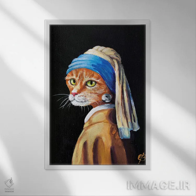 تابلو دکوراتیو گربه با گوشواره مروارید اثر لنا اسمیرنوا - نمای قابدار سفید