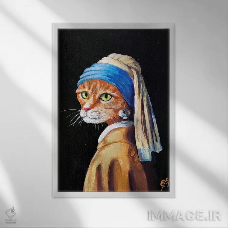 تابلو دکوراتیو گربه با گوشواره مروارید اثر لنا اسمیرنوا - نمای قابدار سفید