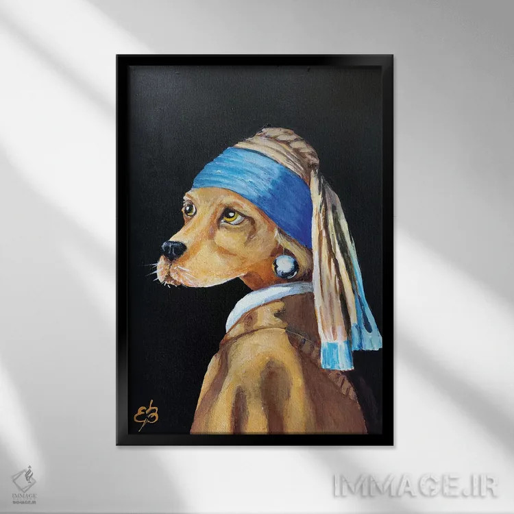 تابلو دکوراتیو دوباره سگ با گوشواره اثر لنا اسمیرنوا - نمای قابدار مشکی