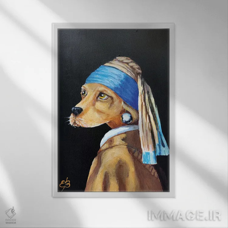 تابلو دکوراتیو دوباره سگ با گوشواره اثر لنا اسمیرنوا - نمای قابدار سفید