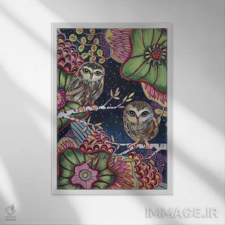 تابلو دکوراتیو جغدهای شب اثر لینه آ توبیاس - نمای قابدار سفید