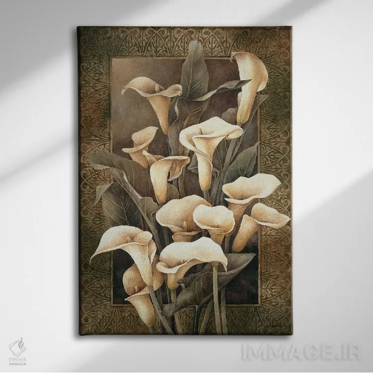 تابلو دکوراتیو گل های کالای زرد اثر لیندا تامپسون - نمای روبهرو روی دیوار