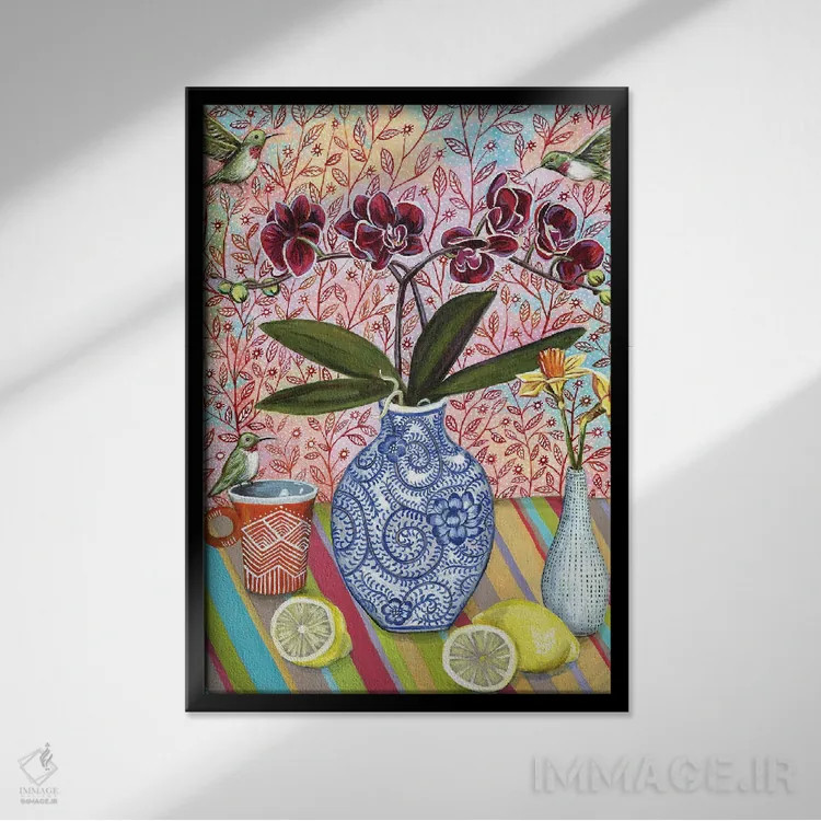 تابلو دکوراتیو طبیعت بی جان با مرغ های مگس خوار اثر لینه آ توبیاس - نمای قابدار مشکی