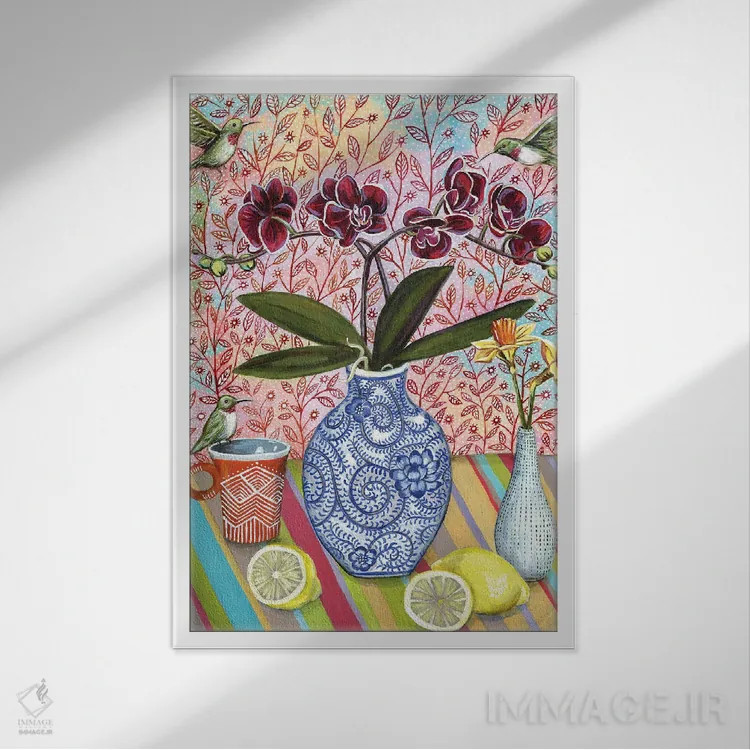 تابلو دکوراتیو طبیعت بی جان با مرغ های مگس خوار اثر لینه آ توبیاس - نمای قابدار سفید