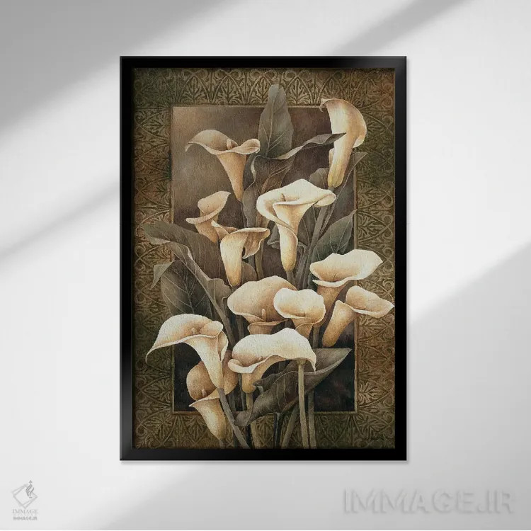 تابلو دکوراتیو گل های کالای زرد اثر لیندا تامپسون - نمای قابدار مشکی