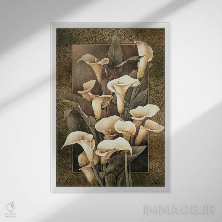 تابلو دکوراتیو گل های کالای زرد اثر لیندا تامپسون - نمای قابدار سفید