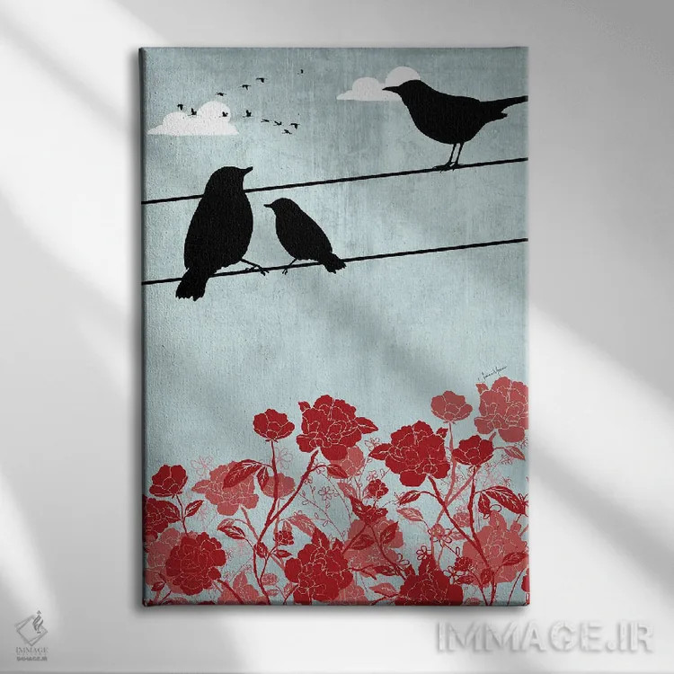 تابلو دکوراتیو پرندگان روی سیم اثر لولوآرت استودیو - نمای روبهرو روی دیوار