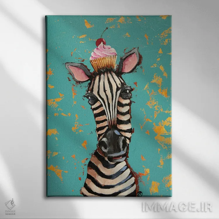 تابلو دکوراتیو گورخر با کیک گیلاسی اثر لوسیا استوارت - نمای روبهرو روی دیوار