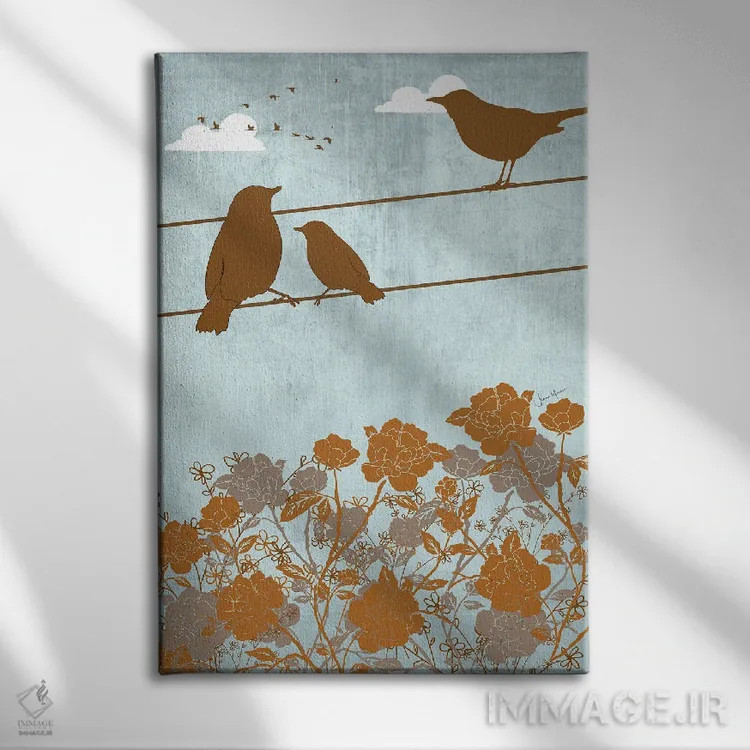 تابلو دکوراتیو پرندگان روی سیم اثر لولوآرت استودیو - نمای روبهرو روی دیوار