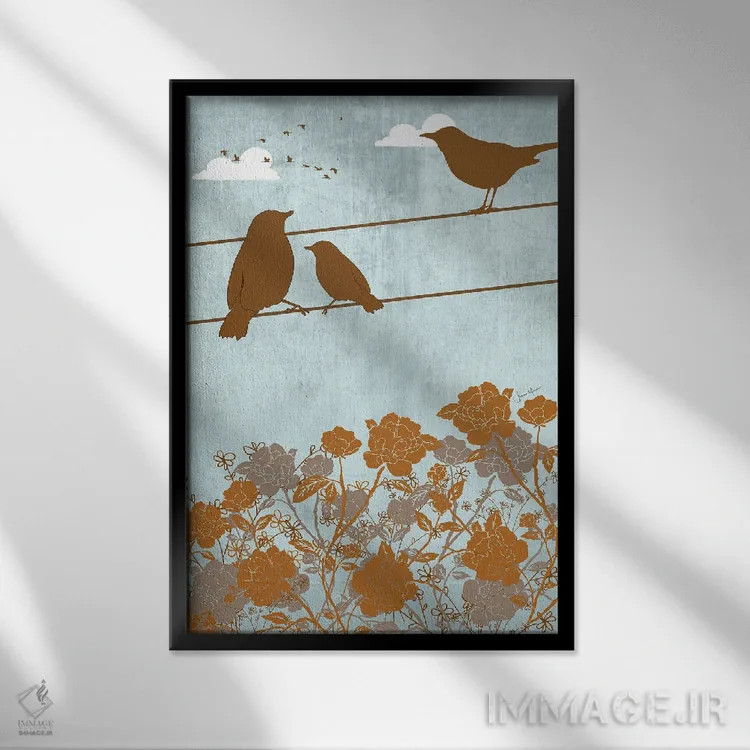 تابلو دکوراتیو پرندگان روی سیم اثر لولوآرت استودیو - نمای قابدار مشکی
