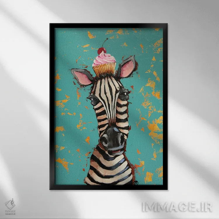 تابلو دکوراتیو گورخر با کیک گیلاسی اثر لوسیا استوارت - نمای قابدار مشکی