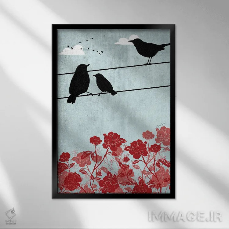 تابلو دکوراتیو پرندگان روی سیم اثر لولوآرت استودیو - نمای قابدار مشکی