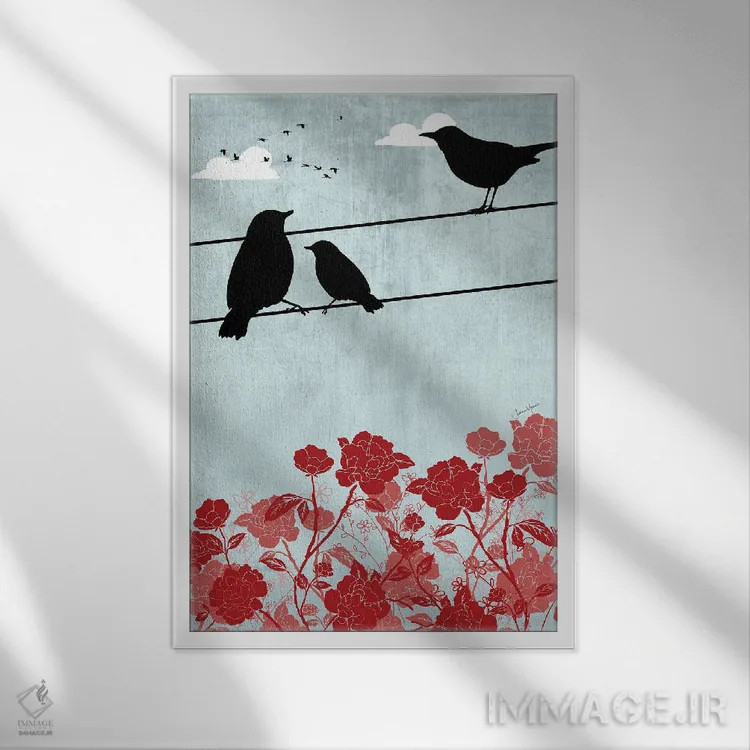 تابلو دکوراتیو پرندگان روی سیم اثر لولوآرت استودیو - نمای قابدار سفید