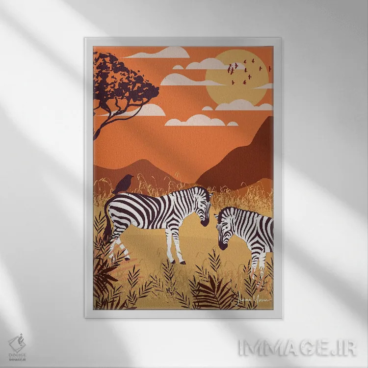 تابلو دکوراتیو گورخر در سافاری اثر لولوآرت استودیو - نمای قابدار سفید