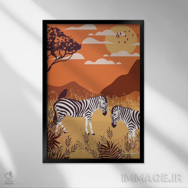 تابلو دکوراتیو گورخر در سافاری اثر لولوآرت استودیو - نمای قابدار مشکی