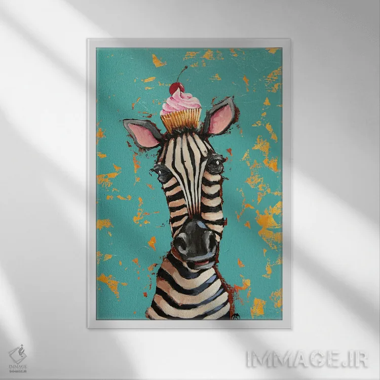 تابلو دکوراتیو گورخر با کیک گیلاسی اثر لوسیا استوارت - نمای قابدار سفید