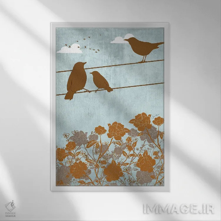 تابلو دکوراتیو پرندگان روی سیم اثر لولوآرت استودیو - نمای قابدار سفید