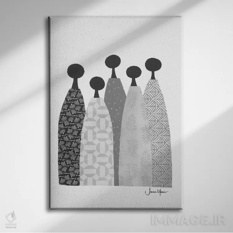تابلو انتزاعی پنج زن خردمند سیاه و سفید اثر لولوآرت استودیو - نمای روبهرو روی دیوار