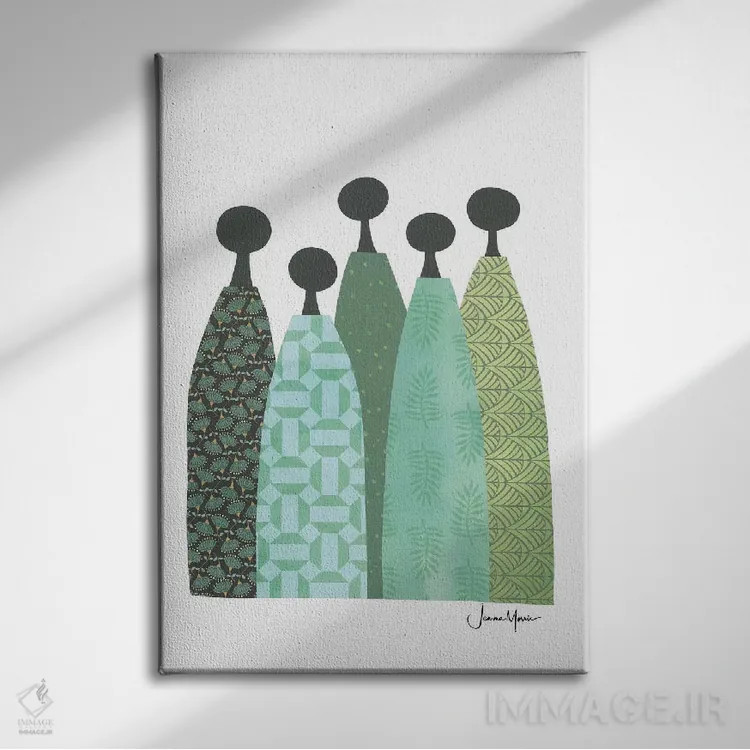 تابلو انتزاعی پنج زن خردمند با لباس سبز اثر لولوآرت استودیو - نمای روبهرو روی دیوار