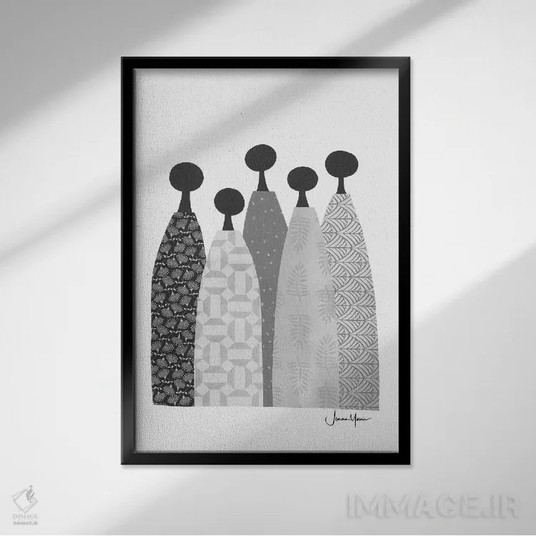 تابلو انتزاعی پنج زن خردمند سیاه و سفید اثر لولوآرت استودیو - نمای قابدار مشکی