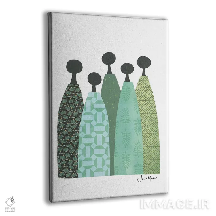 تابلو انتزاعی پنج زن خردمند با لباس سبز اثر لولوآرت استودیو - نمای پرسپکتیو محصول