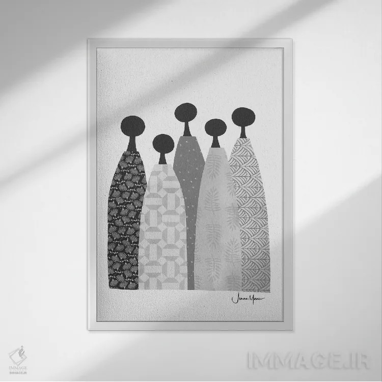 تابلو انتزاعی پنج زن خردمند سیاه و سفید اثر لولوآرت استودیو - نمای قابدار سفید