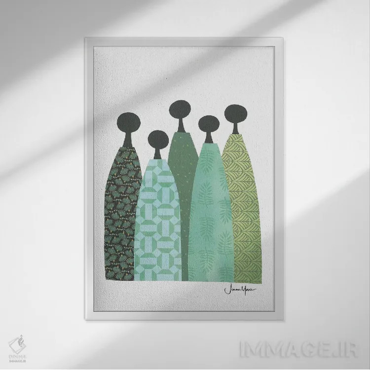 تابلو انتزاعی پنج زن خردمند با لباس سبز اثر لولوآرت استودیو - نمای قابدار سفید