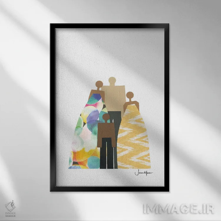 تابلو مدرن خانواده چهار نفره رنگارنگ اثر لولوآرت استودیو - نمای قابدار مشکی