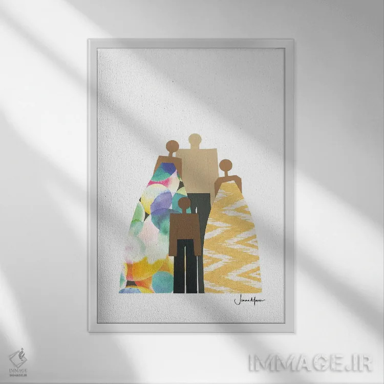 تابلو مدرن خانواده چهار نفره رنگارنگ اثر لولوآرت استودیو - نمای قابدار سفید