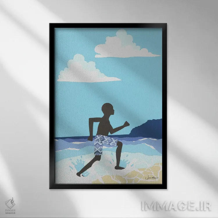 تابلو دکوراتیو شادی پسر سیاه پوست در ساحل اثر لولوآرت استودیو - نمای قابدار مشکی