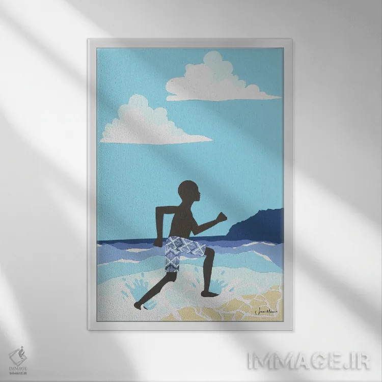 تابلو دکوراتیو شادی پسر سیاه پوست در ساحل اثر لولوآرت استودیو - نمای قابدار سفید