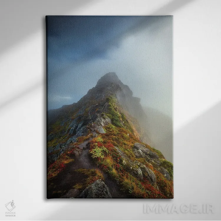 تابلو دکوراتیو کوه مه آلود اثر لاری لوهی - نمای روبهرو روی دیوار