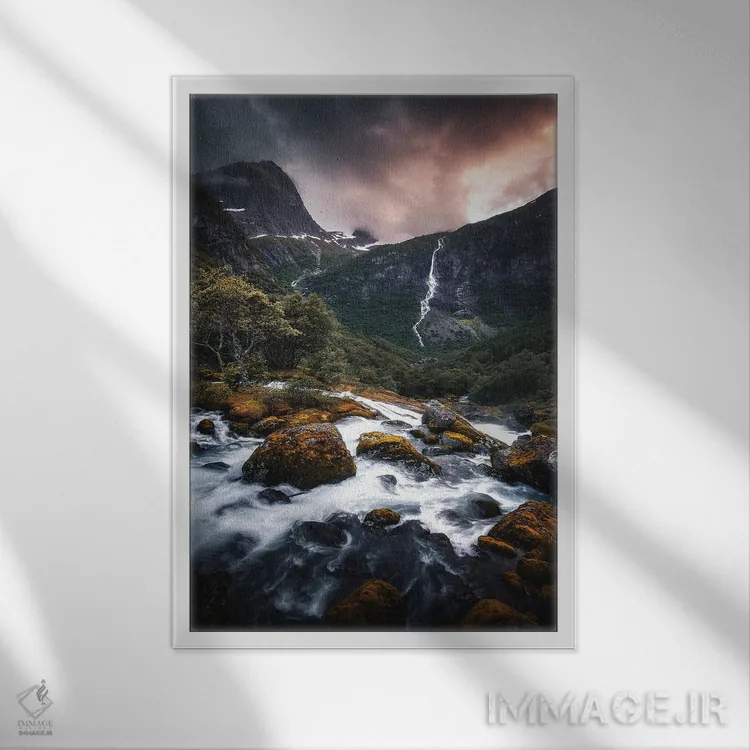 تابلو دکوراتیو آبشارهای نروژ اثر لاری لوهی - نمای قابدار سفید