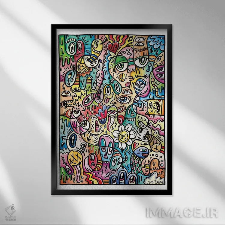 تابلو انتزاعی خط خطی رنگی اثر لوک کرامپ - نمای قابدار مشکی