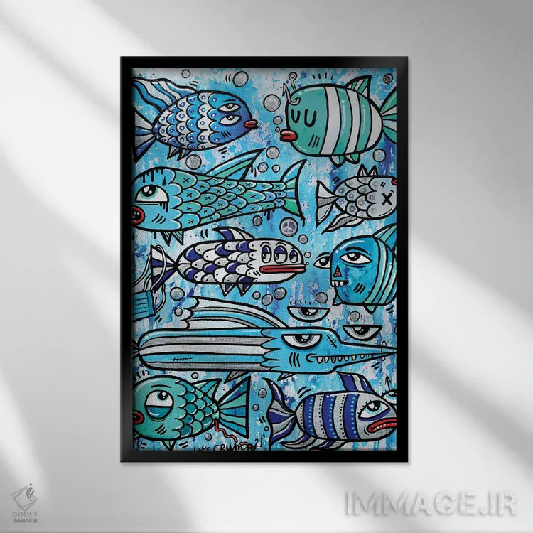 تابلو دکوراتیو ماهی آبی اثر لوک کرامپ - نمای قابدار مشکی