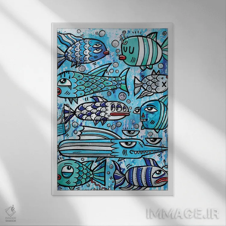 تابلو دکوراتیو ماهی آبی اثر لوک کرامپ - نمای قابدار سفید