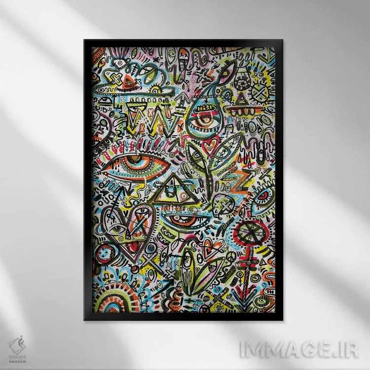 تابلو انتزاعی شاد و پرانرژی اثر لوک کرامپ - نمای قابدار مشکی