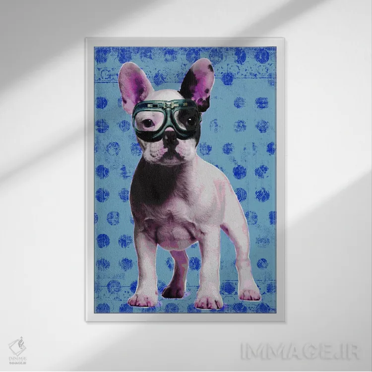 تابلو دکوراتیو بولداگ آبی اثر لوز گرافیکس - نمای قابدار سفید