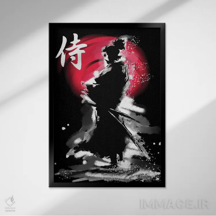 تابلو دکوراتیو جنگجوی سامورایی با کاتانا اثر لوز گرافیکس - نمای قابدار مشکی