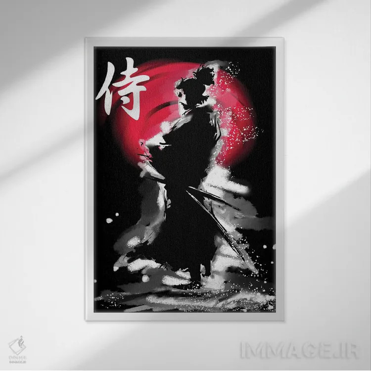 تابلو دکوراتیو جنگجوی سامورایی با کاتانا اثر لوز گرافیکس - نمای قابدار سفید